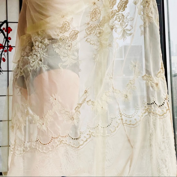 McClintock Floral Organza Transparent Bell Sleeve Belted Embroidered Long Robe - Picture 12 of 17